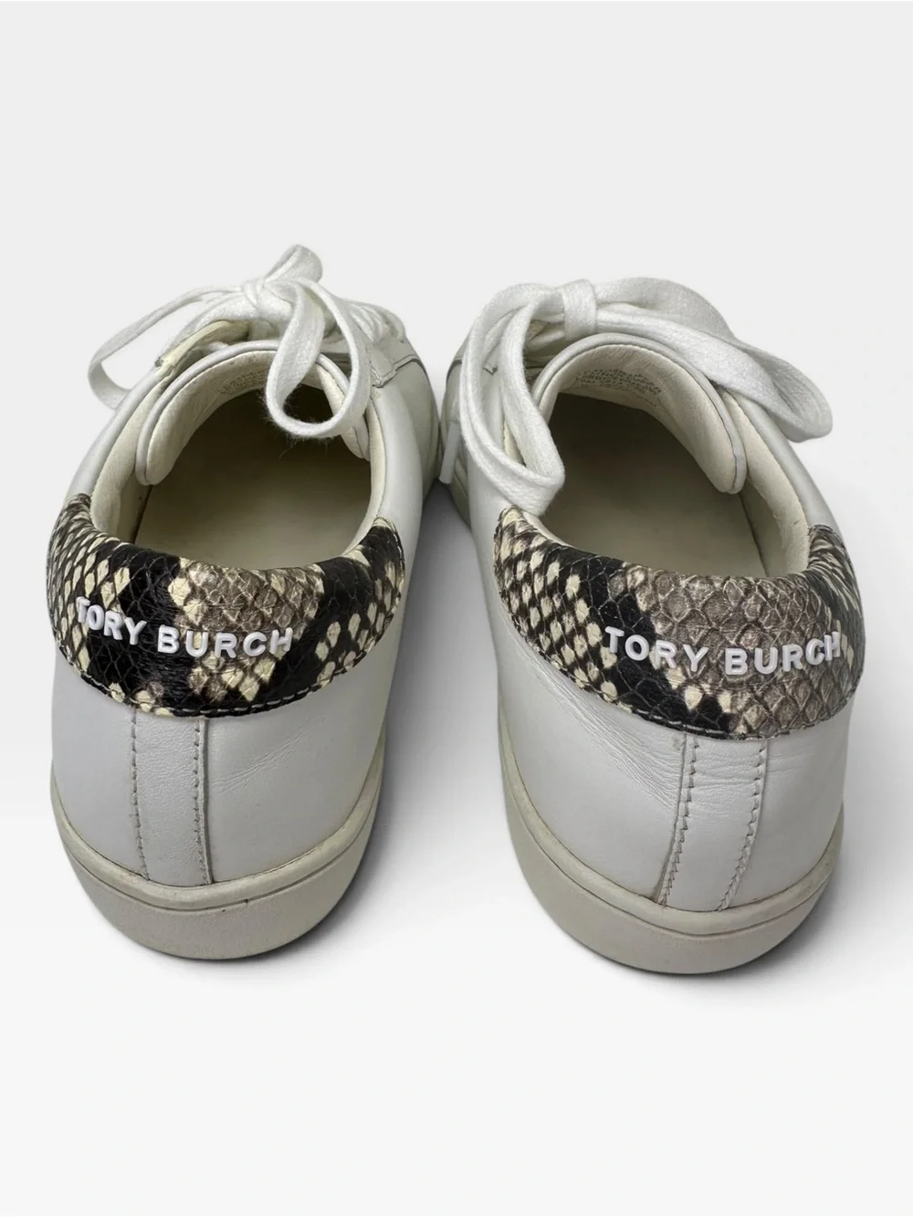 Tory Burch White Leather Logo Sneaker with Snake-Print Heel SIZE 6.5 W